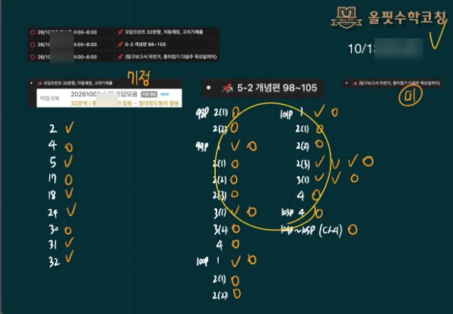 수업 종료 후 전송되는 데일리보드: 틀린 문제를 수업 중 다시 풀어 체크 표시가 붙고, 오답 정리가 모두 끝난 묶음에 큰 동그라미가 쳐진 화면